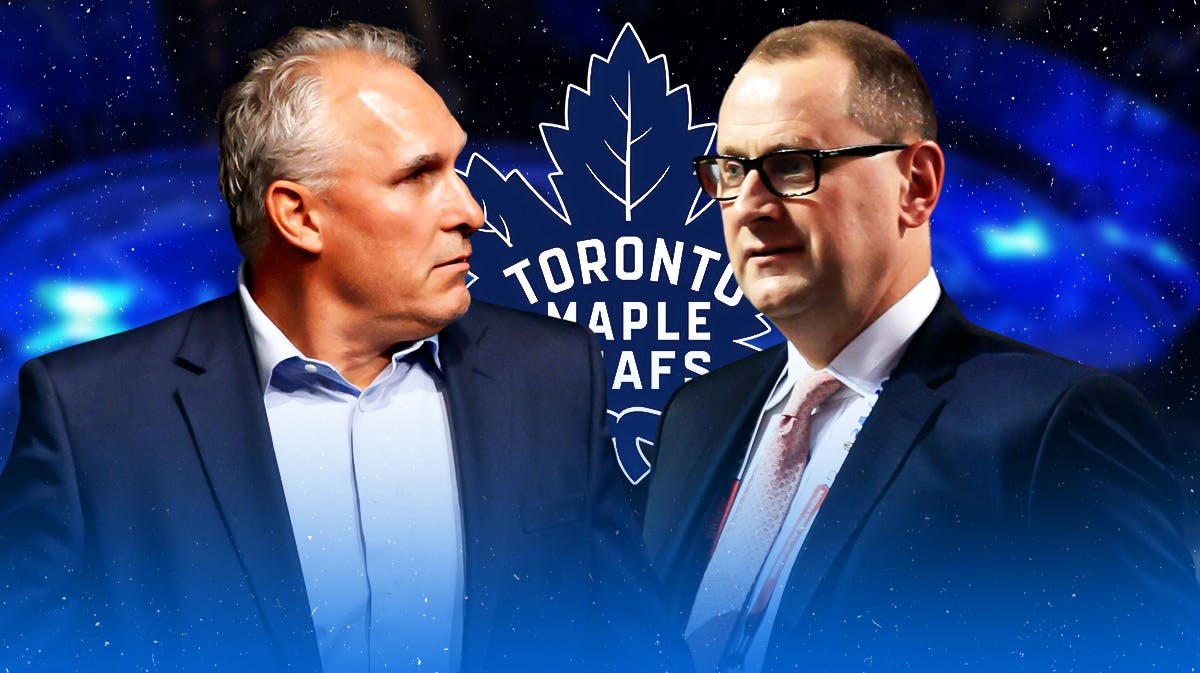 Craig Berube and Brad Treliving in front of an ice rink and Maple Leafs logo