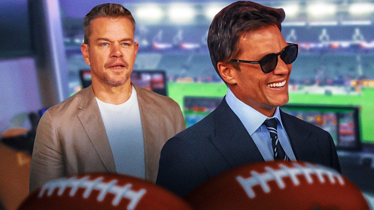 Matt Damon and Tom Brady (Fox's new lead color commentator) in NFL commentator's booth.