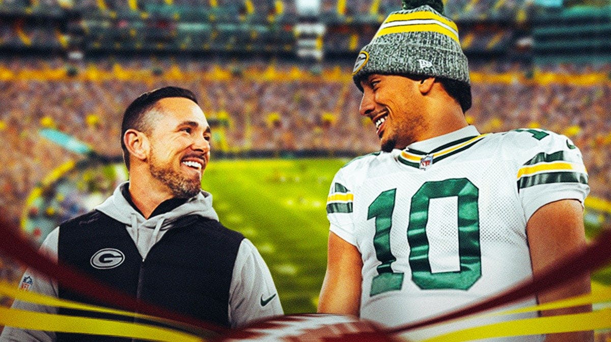 Green Bay Packers star Jordan Love with head coach Matt LaFleur in front of Lambeau Field.