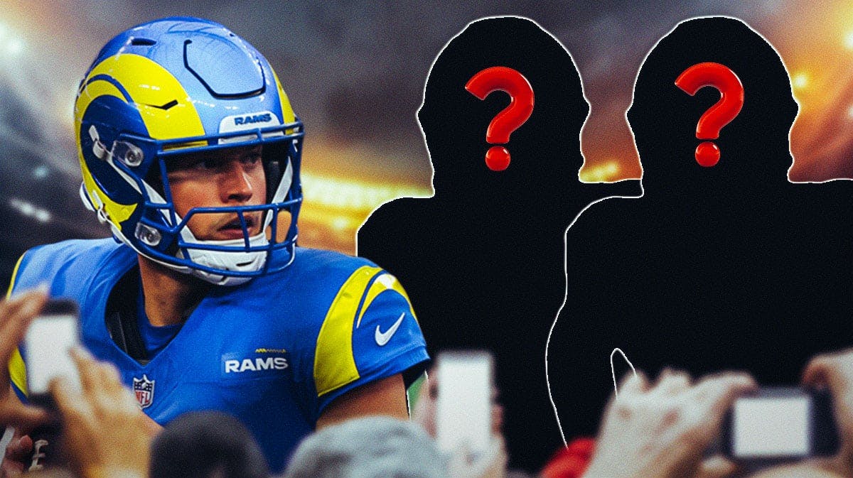 Los Angeles Rams QB Matthew Stafford with two silhouettes of American football players with big question mark emojis inside. There is also a logo for the Los Angeles Rams.
