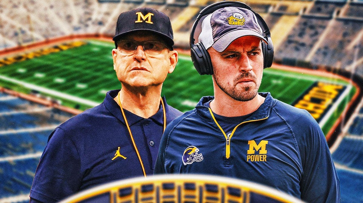 Former Michigan football and current Los Angeles Chargers head coach Jim Harbaugh and Conor Stalions