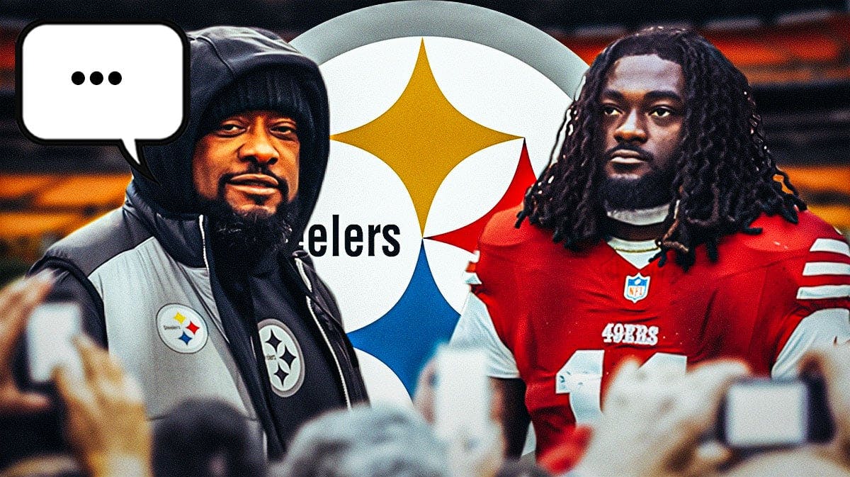 Pittsburgh Steelers head coach Mike Tomlin next to San Francisco 49ers wide receiver Brandon Aiyuk. Tomlin has a speech bubble with the three dots emoji inside. There is also a logo for the Pittsburgh Steelers.