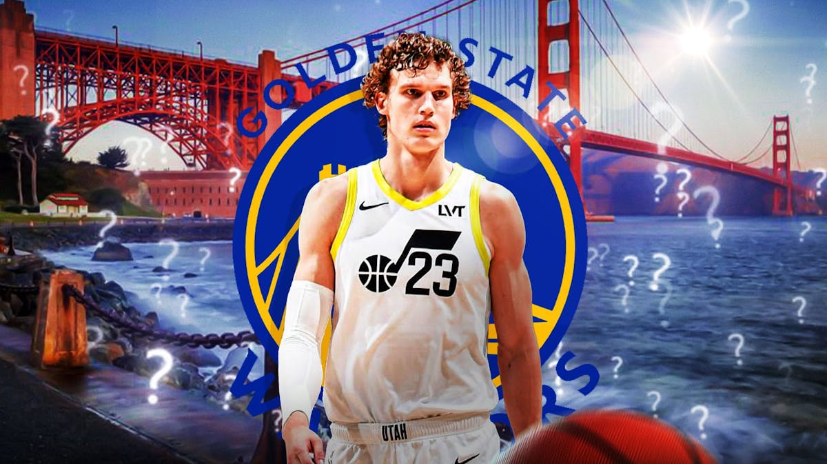 Lauri Markkanen and Golden State Warriors logo with question marks surrounding them.
