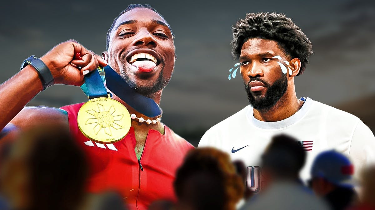 Noah Lyles smiling with his gold medal win and Joel Embiid crying about it.