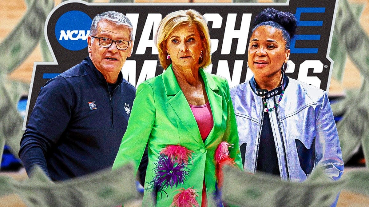 South Carolina women's basketball coach Dawn Staley, UConn women's basketball coach Geno Auriemma, LSU women's basketball coach Kim Mulkey, with the NCAA March Madness logo in the background behind them, and money "raining" down