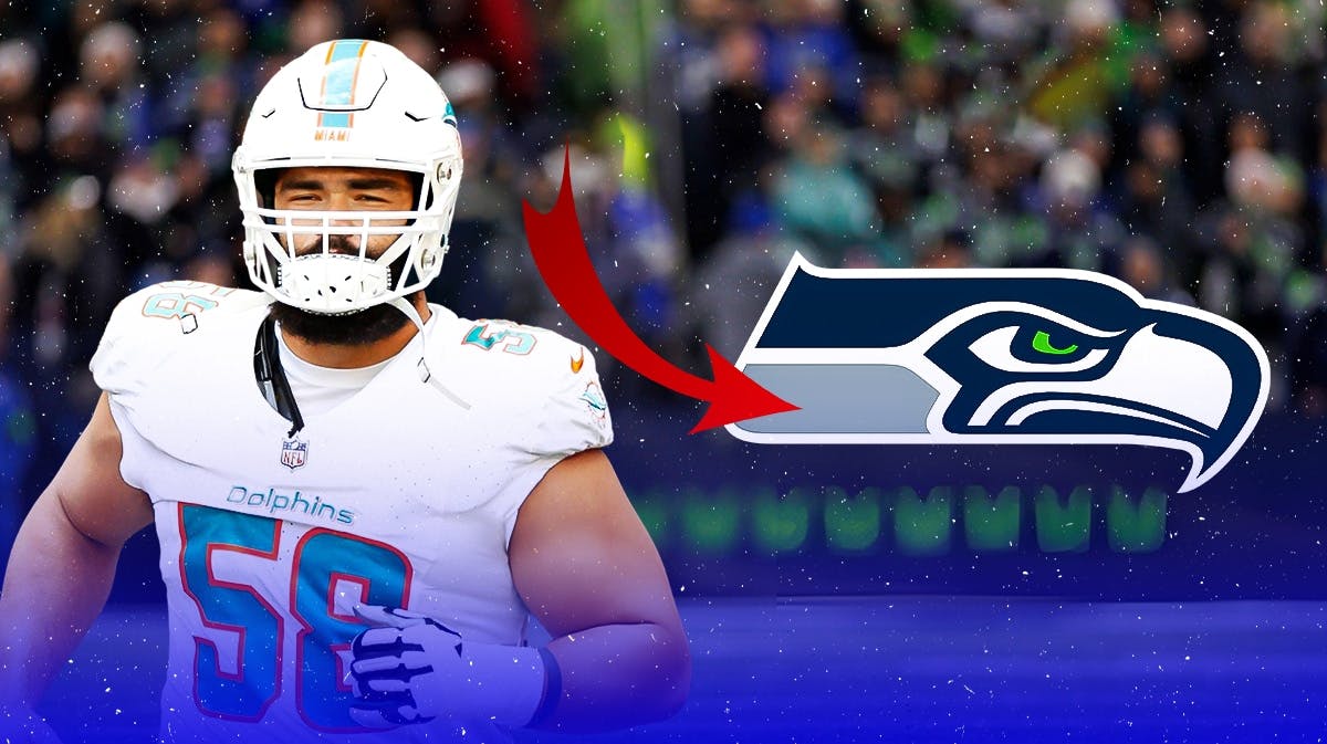 Connor Williams in a Dolphins jersey on the left with an arrow pointing to the right in the middle, and the Seahawks logo on the right.