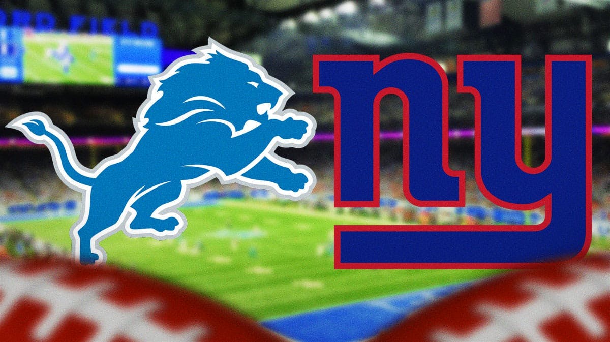 Detroit Lions logo on left side, New York Giants logo on right side, Ford Field (home stadium of the Detroit Lions) in background