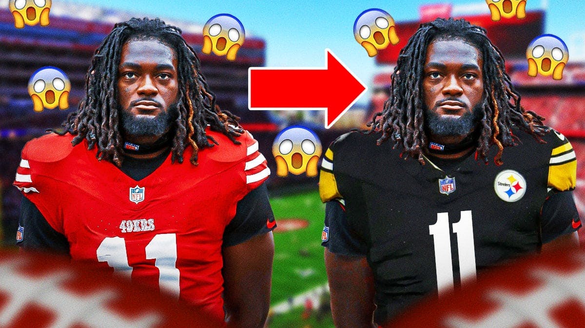 Brandon Aiyuk in a San Francisco 49ers uniform on one side with an arrow pointing to Brandon Aiyuk in a Pittsburgh Steelers uniform, a bunch of shocked emojis in the background