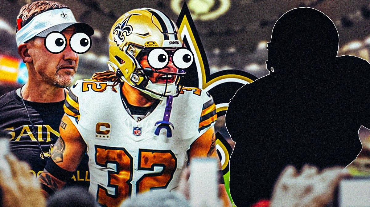 Saints Dennis Allen and Tyrann Matthieu with emojis in their eyes looking at a silhouette