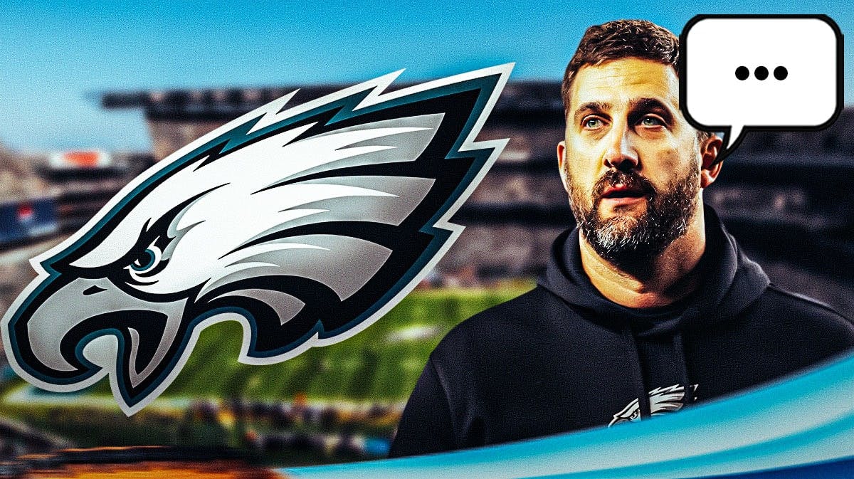 Philadelphia Eagles head coach Nick Sirianni with a speech bubble that has the three dots emoji inside. There is also a logo for the Philadelphia Eagles.