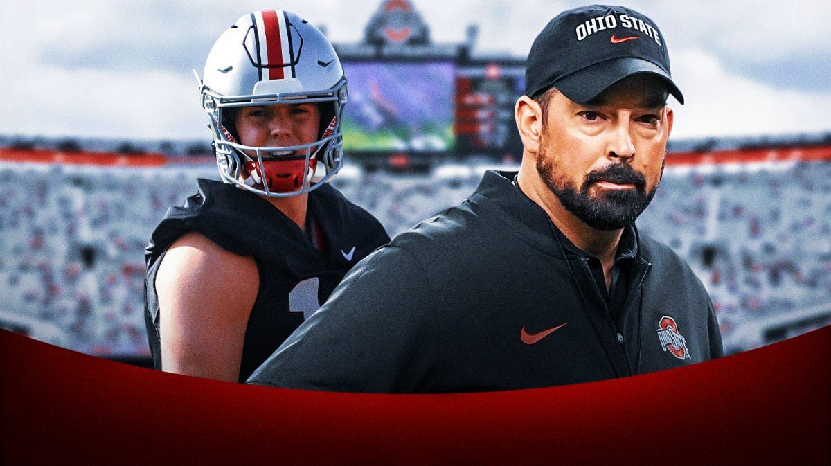 Ohio State football, Buckeyes, 2024 Ohio State, Ryan Day, Ohio State football predictions, Ryan Day and Will Howard (in Ohio State uni) with Ohio State football stadium in the background