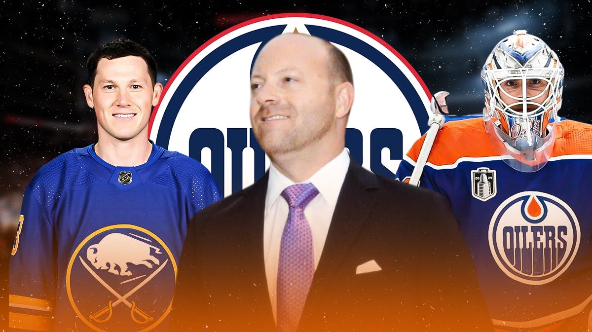 Jeff Skinner, Stan Bowman, and Calvin Pickard in front of Oilers logo