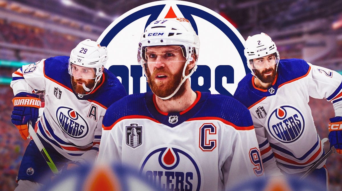 Connor McDavid, Leon Draisaitl, and Evan Bouchard in front of an oilers logo and ice rink. Philip Broberg