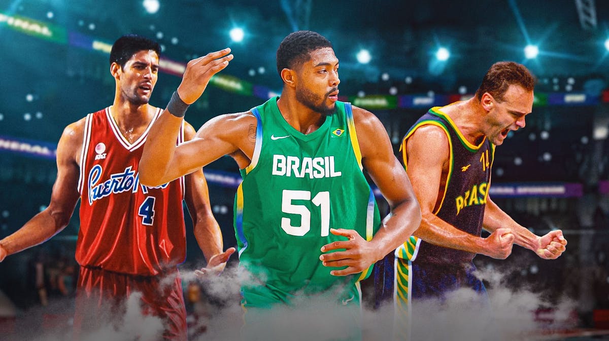 Brazil's Bruno Caboclo smiling, with Brazil's Oscar Schmidt and Puerto Rico's Jose Ortiz (1996 versions) beside him