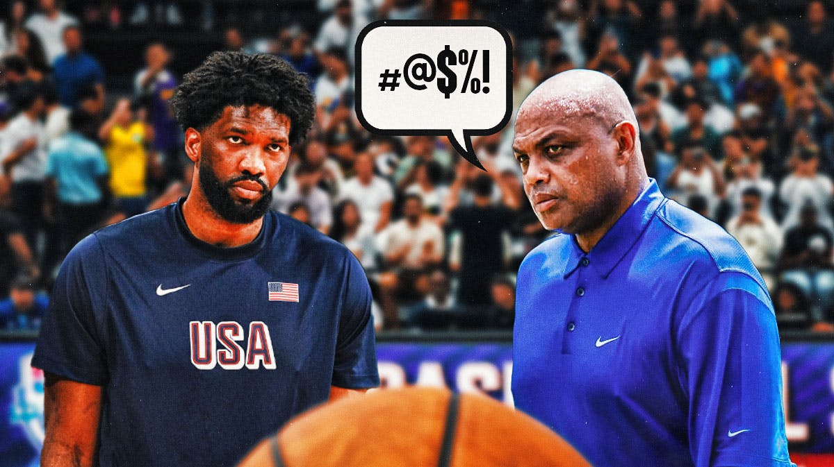 Charles Barkley looking angrily at Team USA's Joel Embiid, with a speech bubble on Barkley containing grawlix