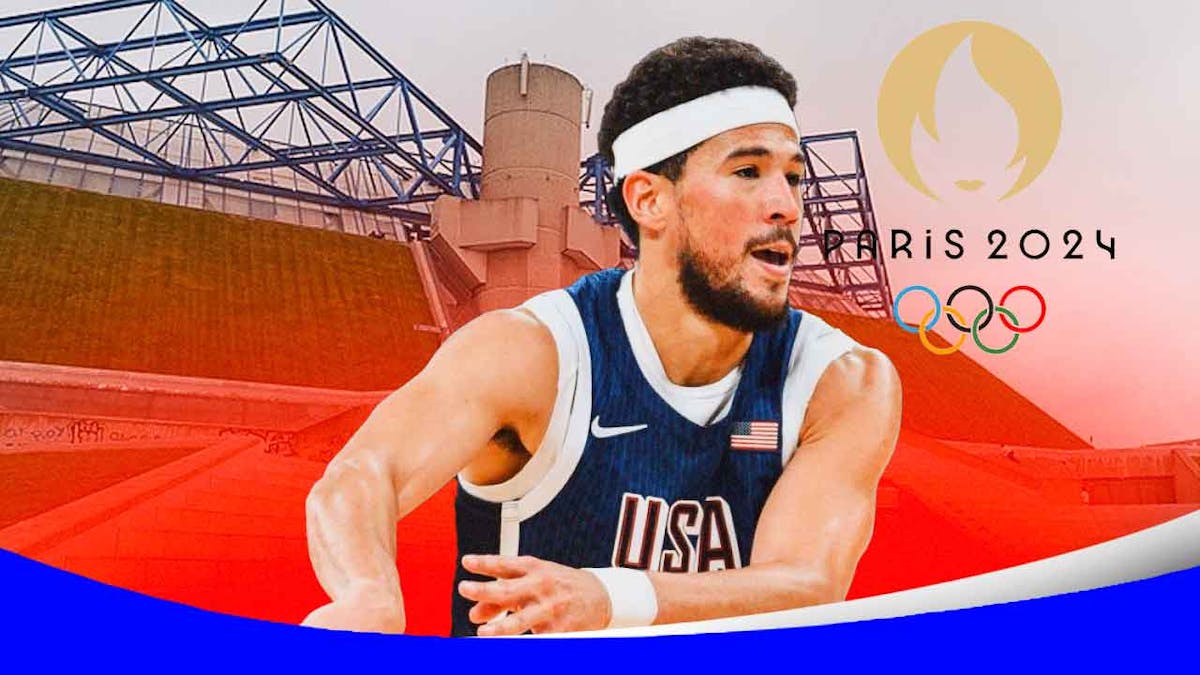 Team USA star Devin Booker, Paris Olympics, Bercy Arena in back