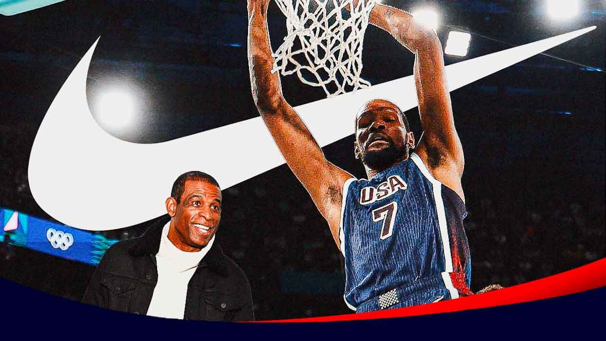 Kevin Durant dunking with Deion Sanders looking at him and the Nike logo in the background