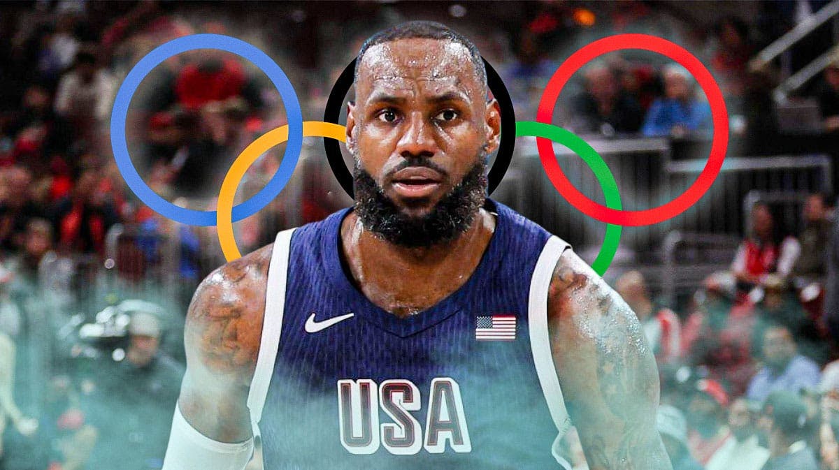 LeBron James, LeBron James Olympics, Olympics, Team USA, Grant Hill, LeBron James in Olympics uni with Olympics logo in the background