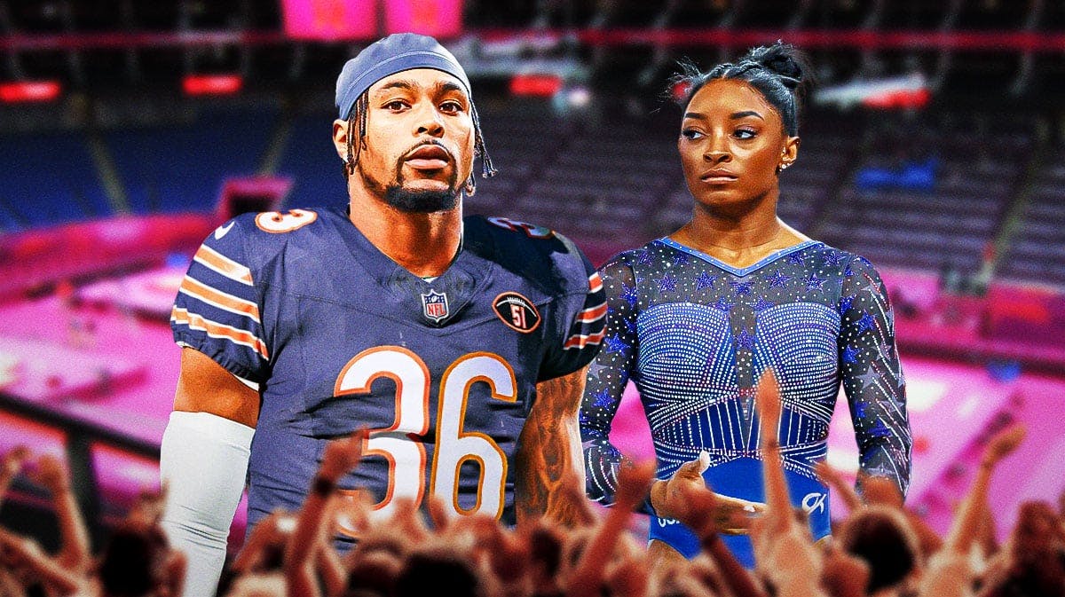 Jonathan Owens in a Bears jersey and Simone Biles in Olympic gear