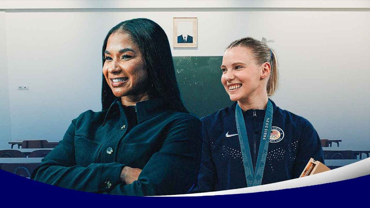 Team USA women's gymnasts Jordan Chiles and Jade Carey in a classroom