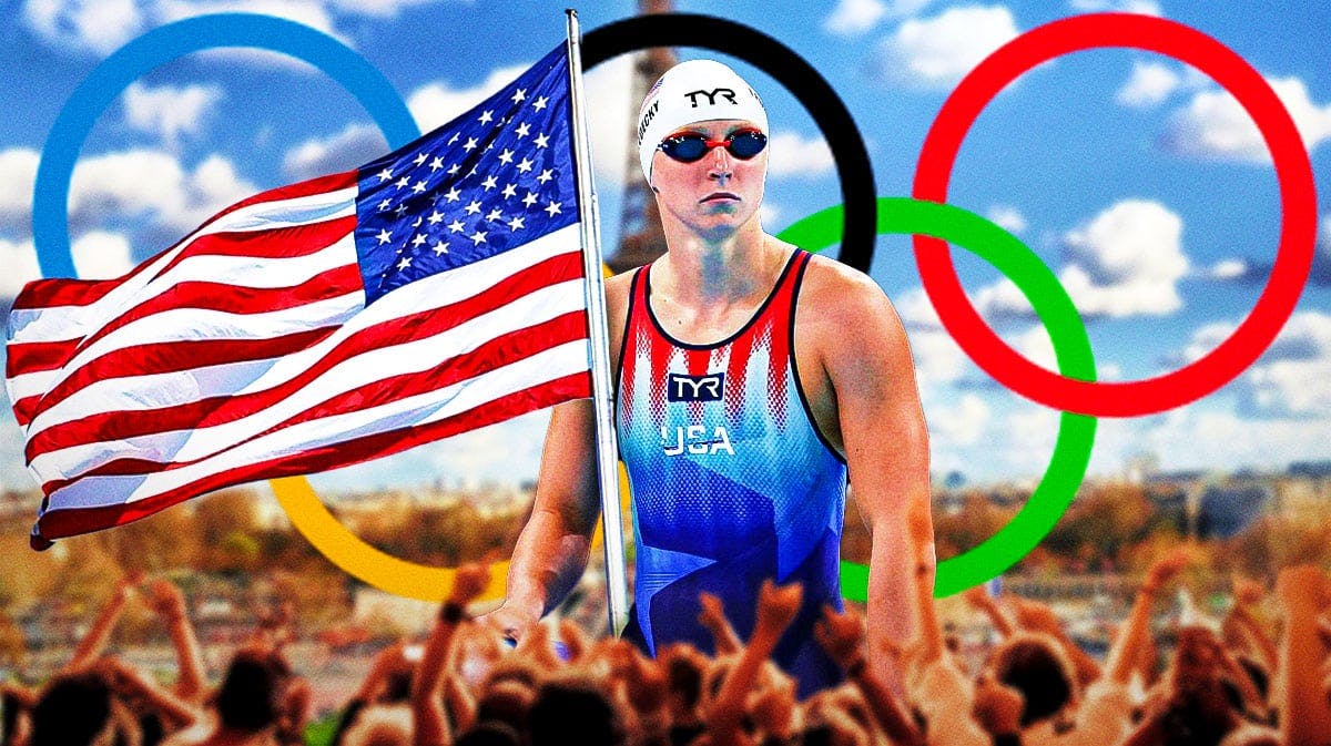 Team USA women's swimming Katie Ledecky, with the American Flag, and the Olympic Rings, with the city of Paris, France as the background