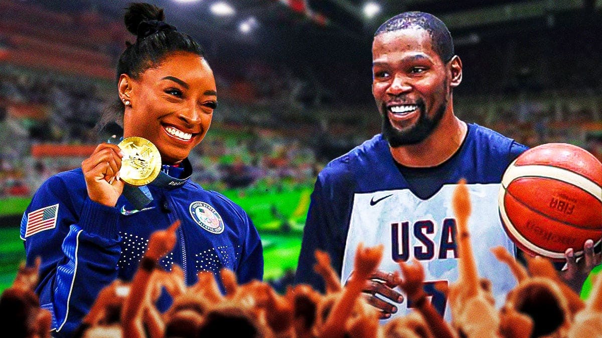 Simone Biles smiling with a gold medal next to a smiling Kevin Durant clapping in awe