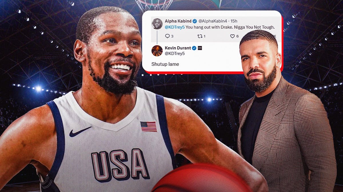 Kevin Durant smiling with Drake. Put screenshot of tweet and KD's response.