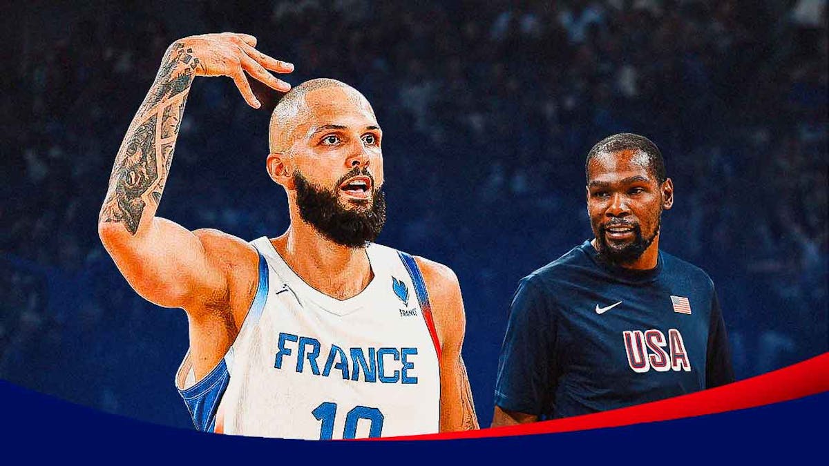 Team USA's Kevin Durant smiling at a hyped up France's Evan Fournier