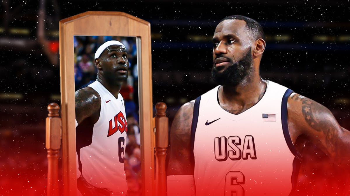 LeBron James (2024 Olympics jersey) looking in a mirror. In the mirror, place LeBron James (2012 Olympics jersey).