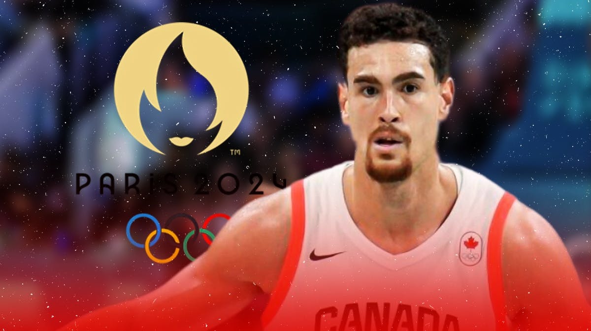 Dwight Powell in a Team Canada uniform shooting a basketball. Place the 2024 Summer Olympics logo in background.