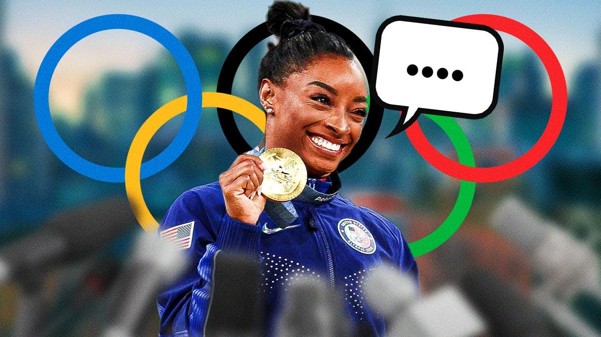 American gymnast Simone Biles with a speech bubble that has the three dots emoji inside. There is also a logo for the Olympics.