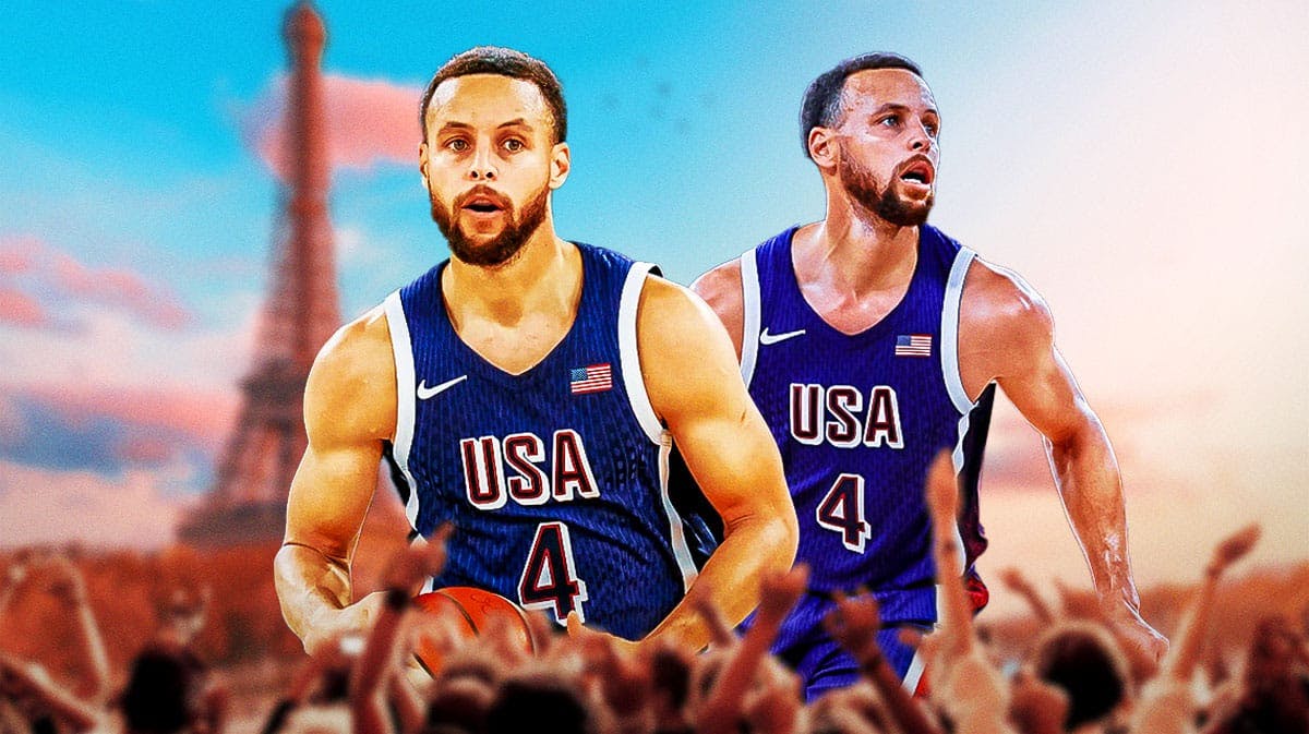 Stephen Curry with a Team USA jersey and a Paris background.