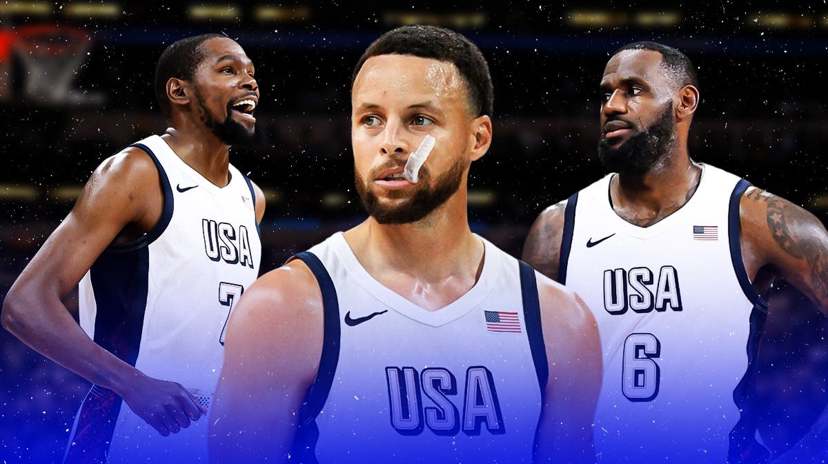 Kevin Durant, Devin Booker, Stephen Curry on one side. USA flag in background. On other side is Jose Alvarado, Davon Reed, Trenton Waters. Puerto Rico flag in background. 2024 Olympics logo in front.