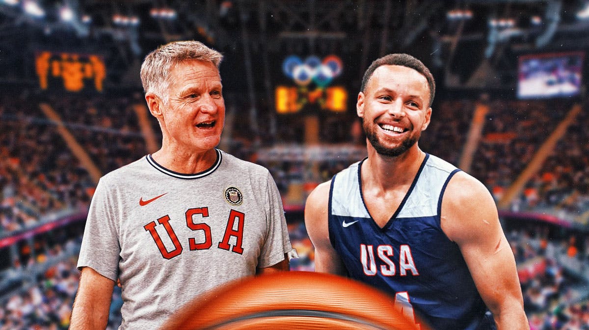 Warriors' Stephen Curry in Team USA gear during Olympics next to Steve Kerr