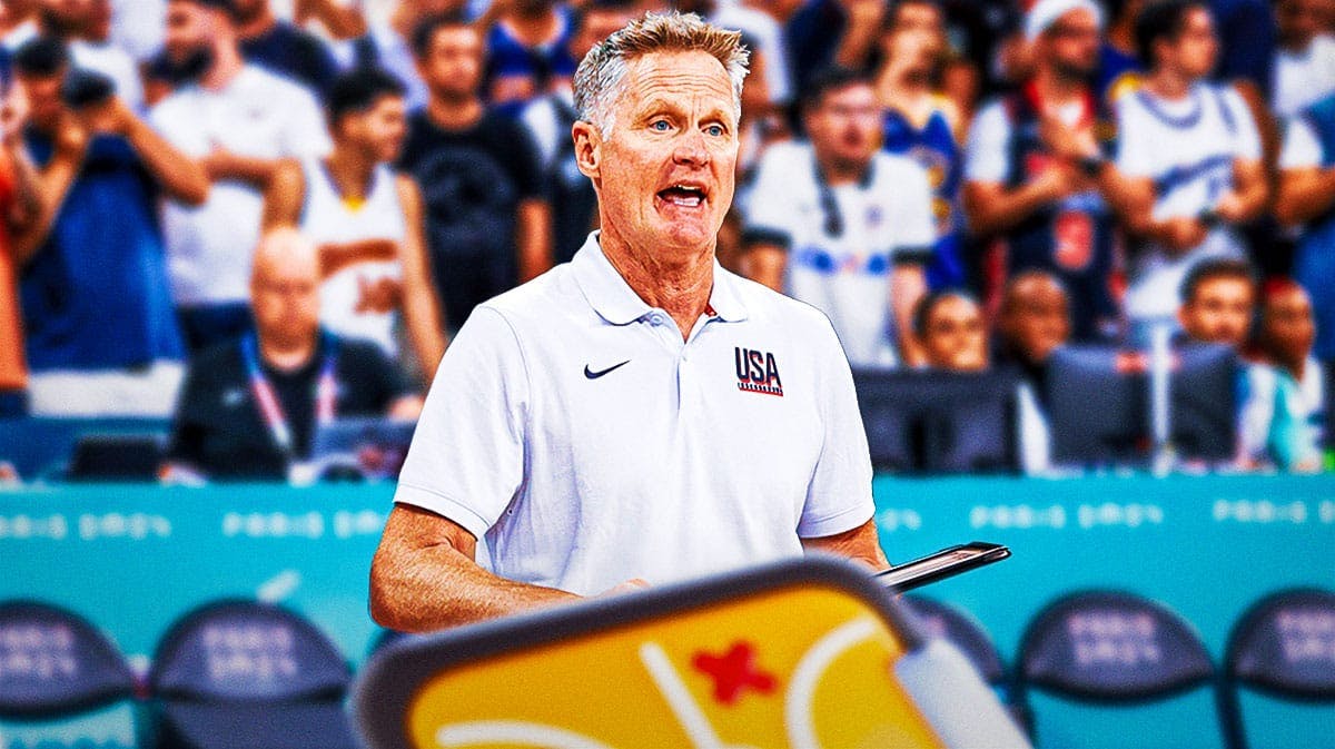 Steve Kerr with a Team USA/Olympics themed background.