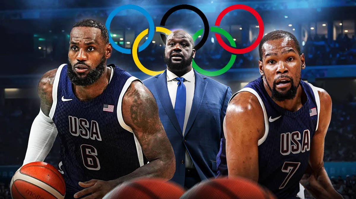 A recent/current image of Shaquille O'Neal alongside LeBron James and Kevin Durant in their Team USA basketball jerseys with the Olympics logo in the background, Shaq
