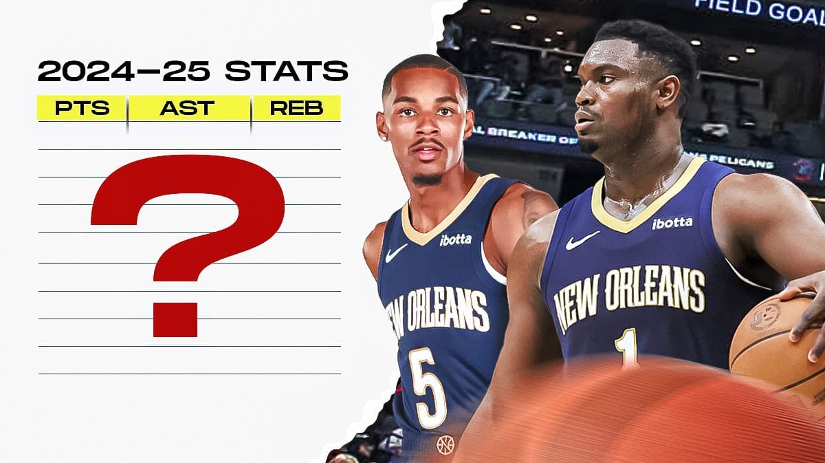 Dejounte Murray with Zion Williamson. A post-it/chart/stat sheet ledger that says '2024-25 Stats' with Points, Assists, and Rebounds listed. Place a big question mark over it.