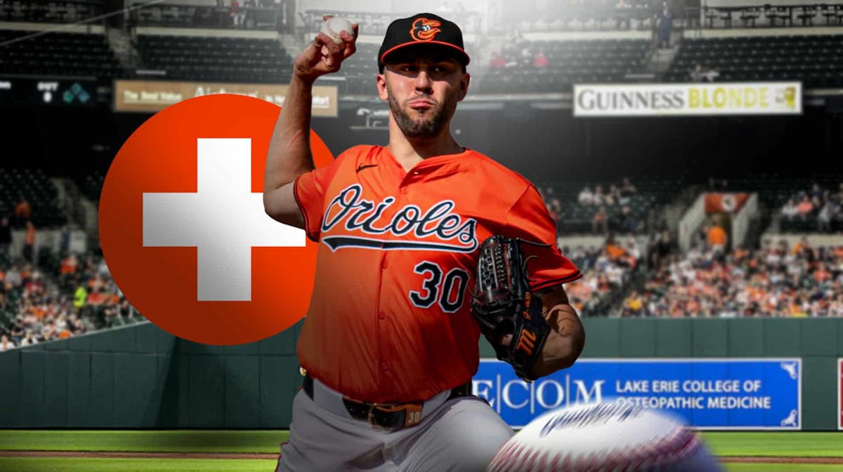 Grayson Rodriguez pitching in a Baltimore Orioles uniform with a red and white first aid symbol in the image as he was scratched from his start at the last minute with an injury.