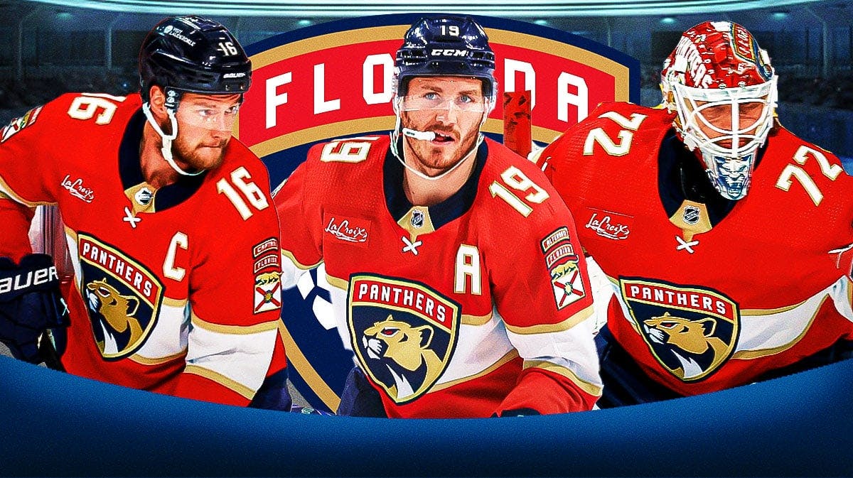 Matthew Tkachuk, Aleksander Barkov, Sergei Bobrovsky in front of a Florida Panthers logo