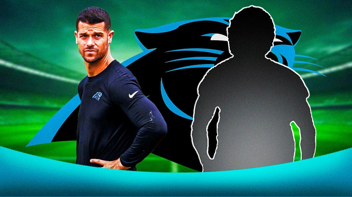 Carolina Panthers head coach Dave Canales with a silhouette of an American football player with a big question mark emoji inside. There is also a logo for the Carolina Panthers.