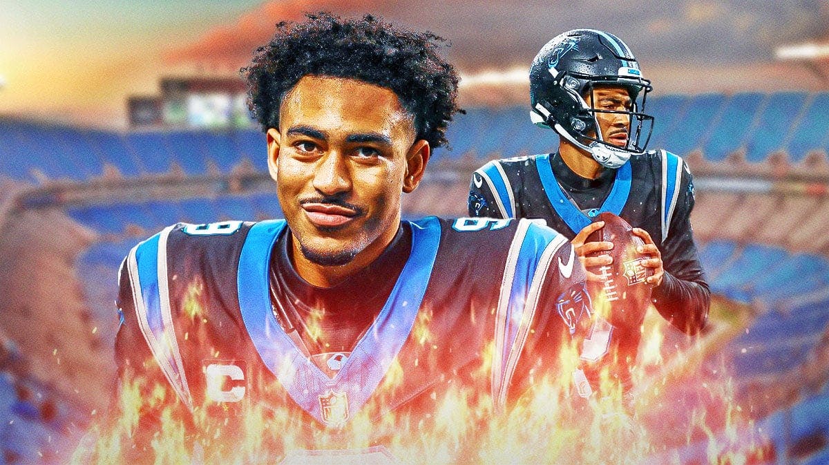 Bryce Young in a Panthers jersey with flames around him and a football field in the background.