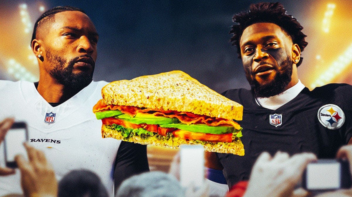 Patrick Queen in a Steelers jersey on the left, a picture of a sandwich in the middle, and Arthur Maulet in a Ravens jersey.
