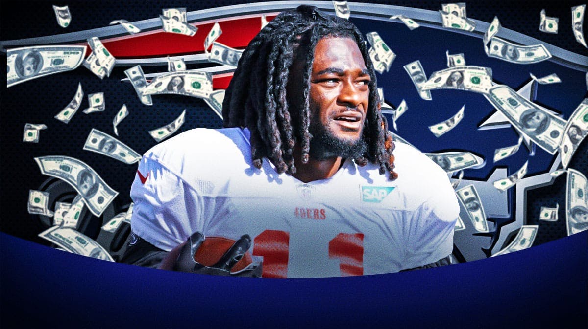 San Francisco 49ers player Brandon Aiyuk in front of New England Patriots logo