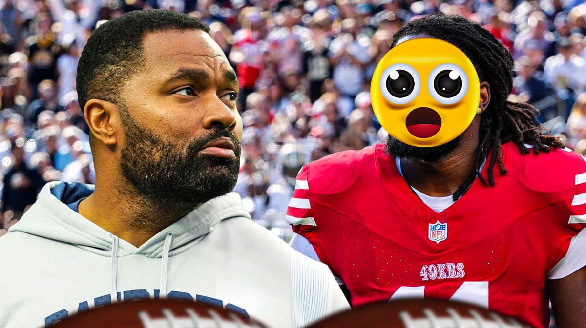 Jerod Mayo on one side, Brandon Aiyuk on the other side with the big eyes emoji over his face