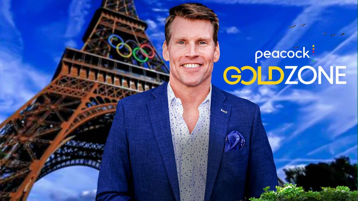 Scott Hanson with Peacock's Gold Zone logo in front. Background is 2024 Paris Olympics.
