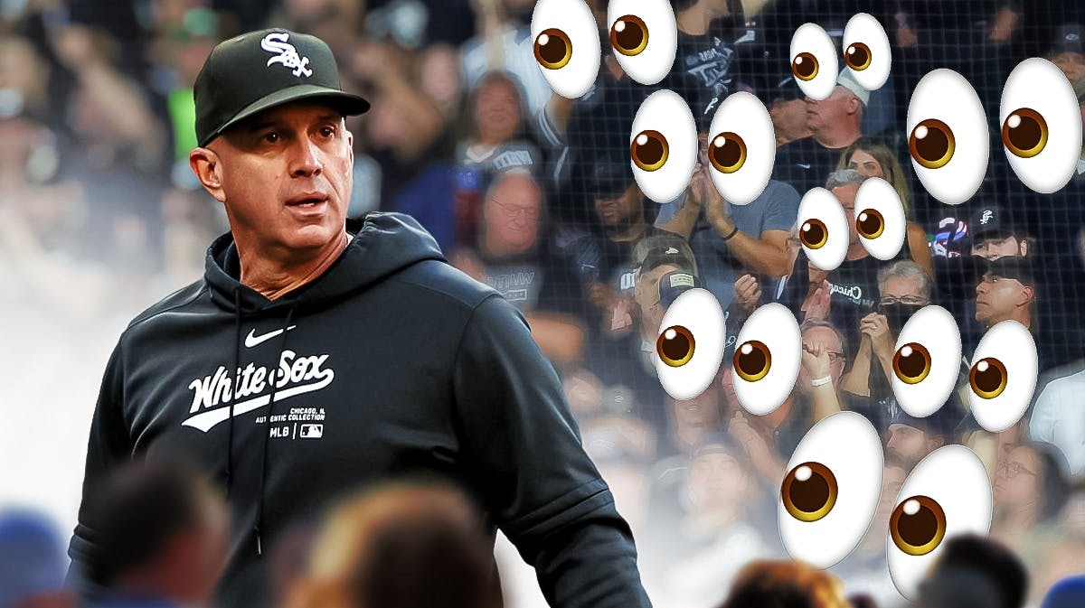 Pedro Grifol on one side, a bunch of Chicago White Sox fans on the other side with the big eyes emoji around them
