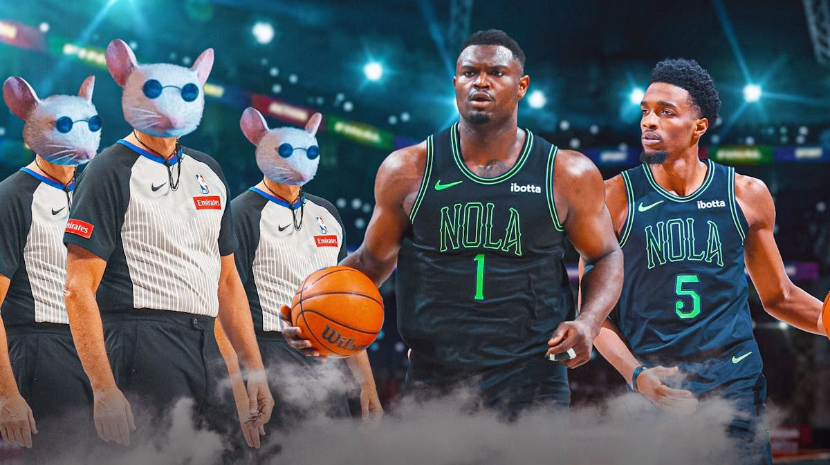 Herb Jones and Zion Williamson shrugging while looking away from Three Blind Mice dressed as referees.