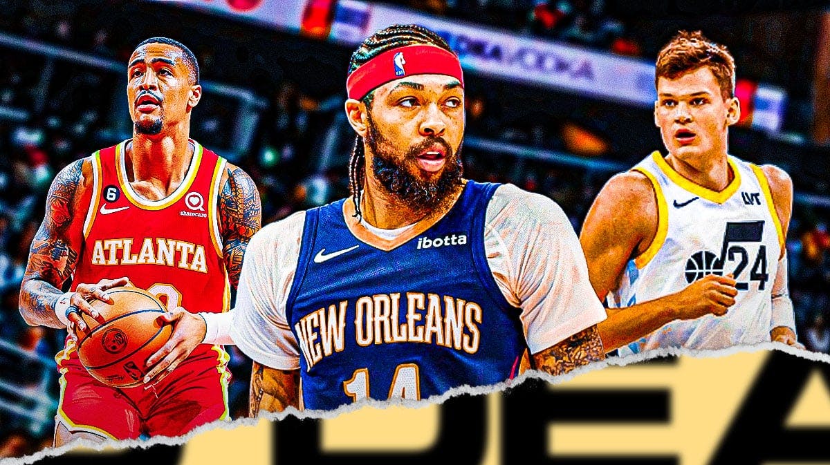 Pelicans' Brandon Ingram with Walker Kessler, John Collins and the NO DEAL part of the Deal or No Deal logo.