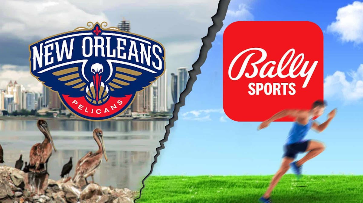 The Pelicans Logo, the Bally Sports Logo, line that signifies a breakup