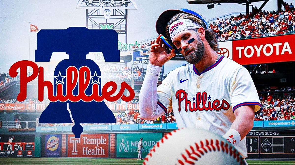 Philadelphia Phillies logo on left side, Phillies first baseman Bryce Harper on right side, Citizens Bank Park (home stadium of the Philadelphia Phillies) in background
